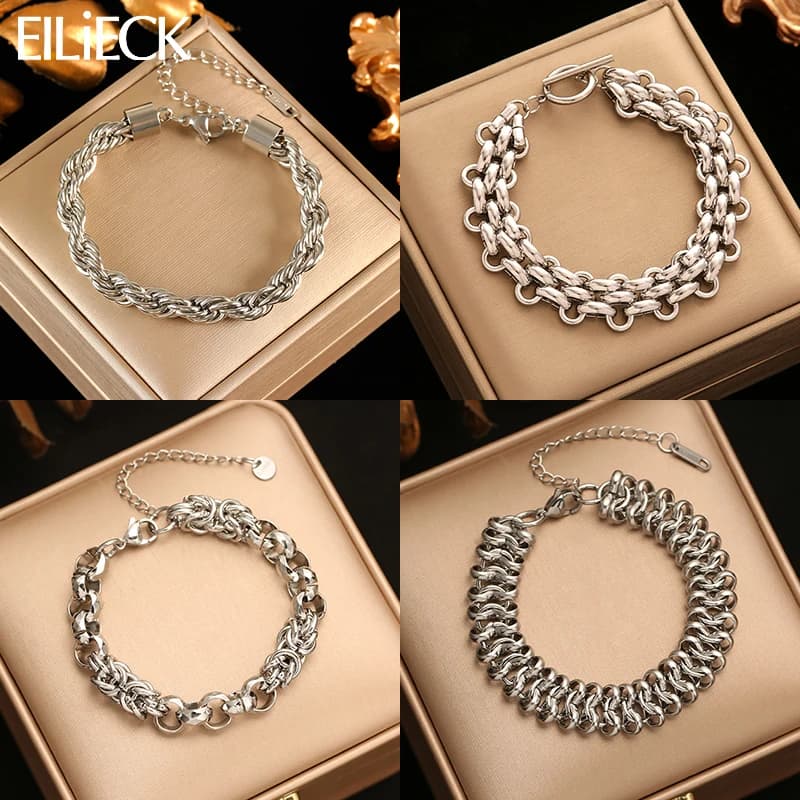 EILIECK 316L Stainless Steel Metal Silver Color Chain Bangle Bracelet For Women Trendy Waterproof Hand Chain Jewelry Lady Gift