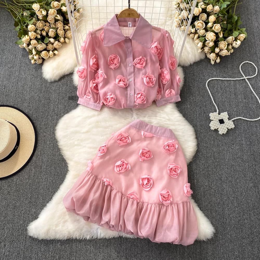 Summer Runway 2 pezzi vestito da donna con risvolto manica a sbuffo 3D Applique fiore rosa camicette e Mini gonna con volant Set abbigliamento N8698