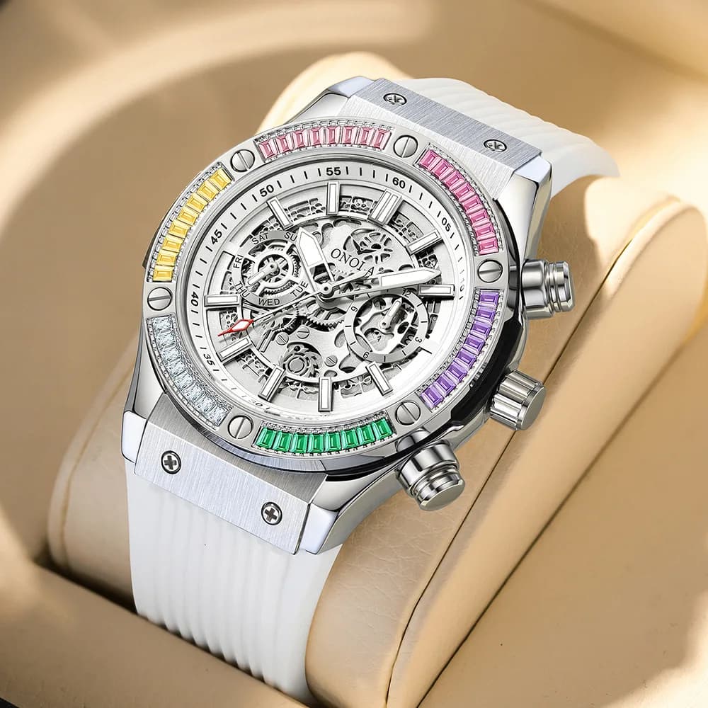 New Fashion Mens Mechanical Watches Waterproof Rainbow Diamond Waterproof Silicone Strap Sports Automatic Watch Men reloj hombre