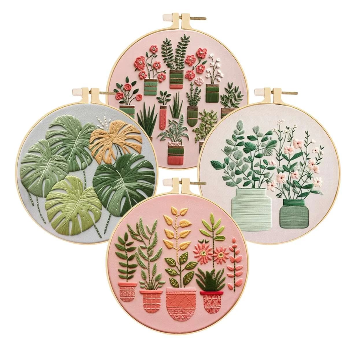 Kit da ricamo per piante da 4 pezzi per principianti, cucito, arte, croce fai da te, regali fatti a mano, decorazione per la casa