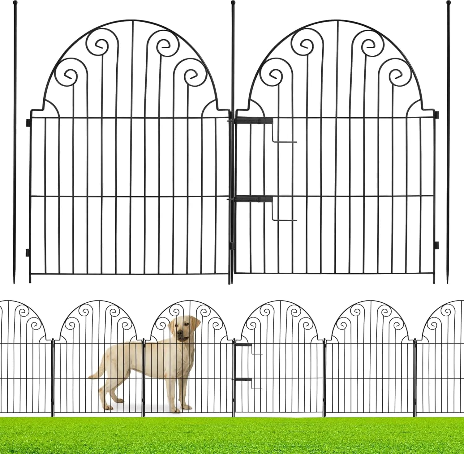 Recinzione Decorativa da Giardino a 5 Pannelli, Barriera Metallica Antiruggine Senza Scavo per Animali Domestici, per Patio Esterno, Prato, Giardino e Aiuole con Cancello