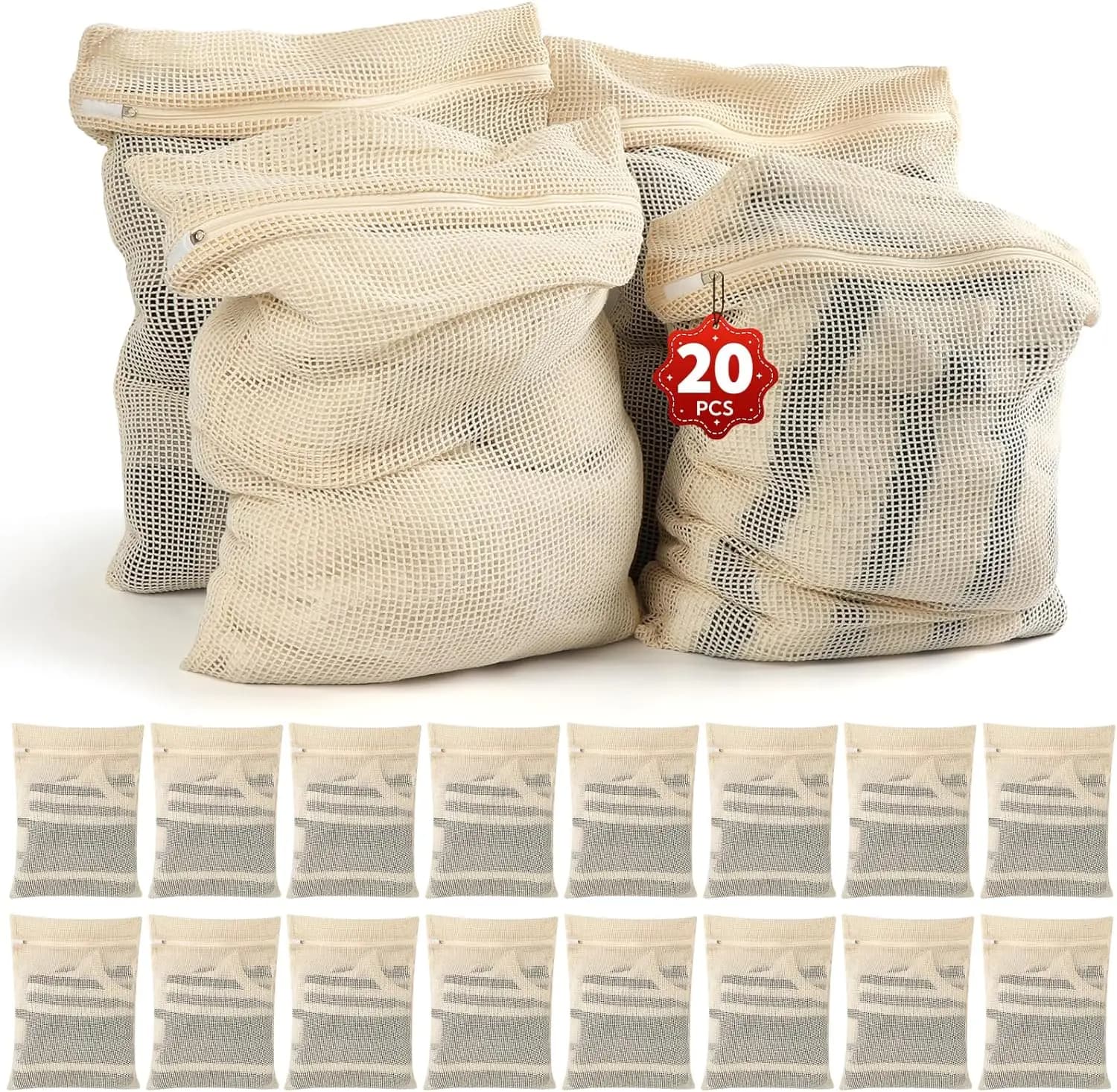 Set of 20 large cotton mesh laundry bags with zipper, delicate washing bags for bras, underwear, socks, shoe washing bag, breathable