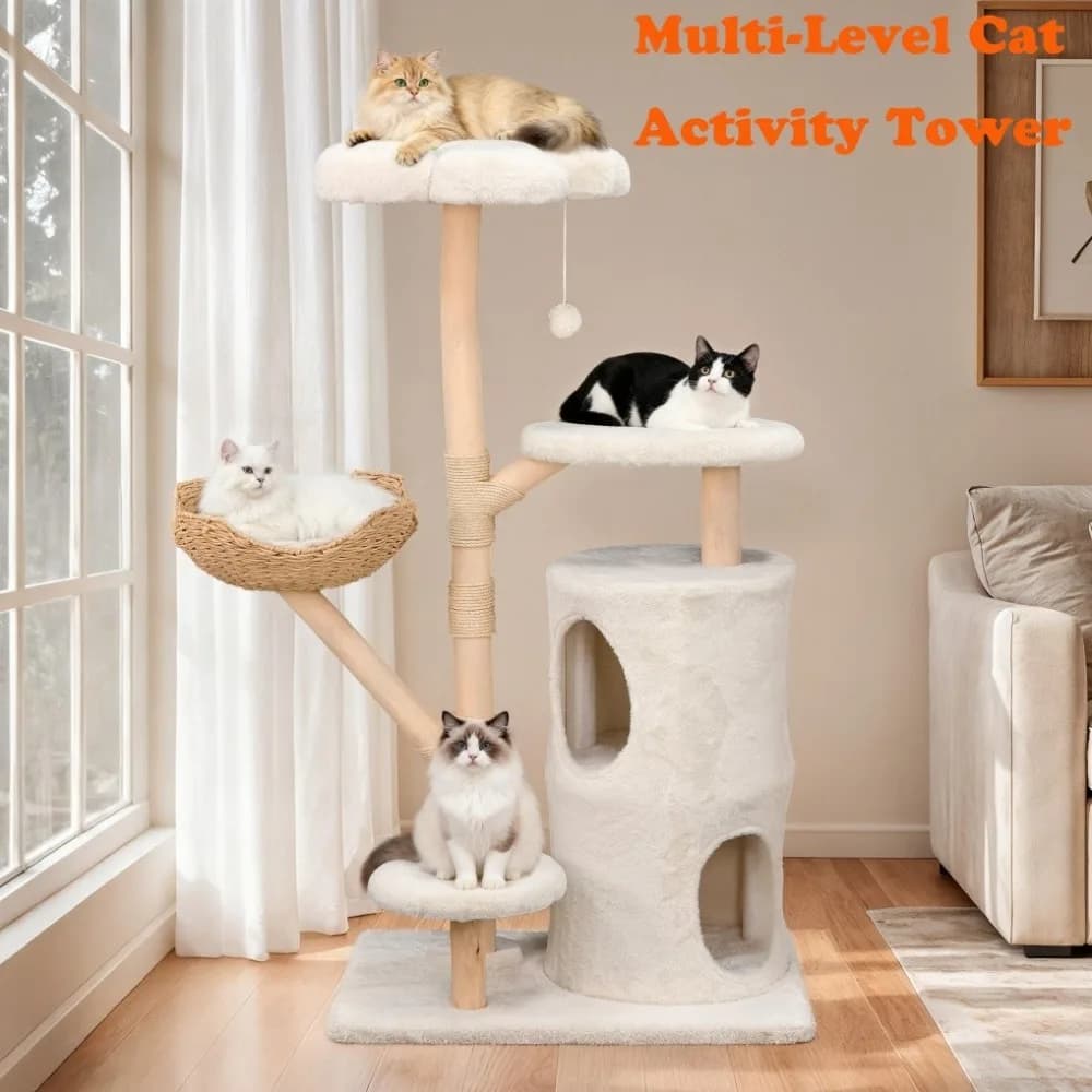 XL Premium Cat Tree Tower Tiragraffi in legno naturale per gatti di grandi dimensioni con cestino Condo