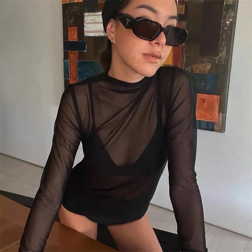 Top Nero Trasparente da Donna, Elegante Maglia a Rete a Maniche Lunghe, Morbida e Traspirante, Girocollo, Pullover Stile Punk