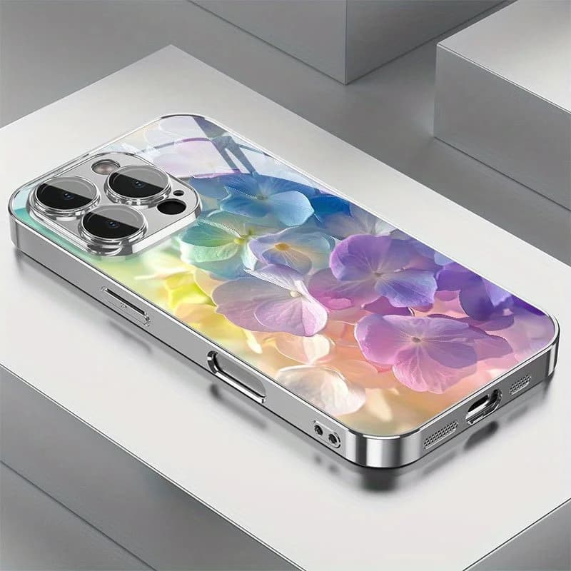 Colorful Flower Patterned Electroplated Glass Mobile Phone Case for iPhone 17 16 15 14 13 12 11 Pro Max XS XR 7 8 Plus 16E