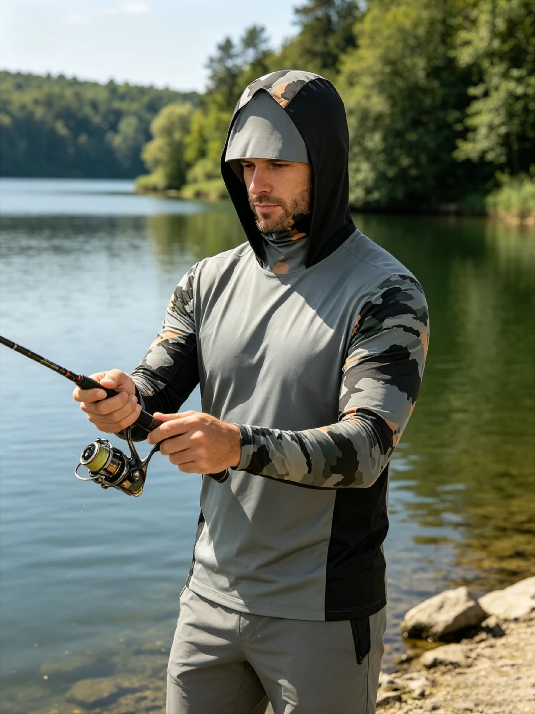 Magliette da Pesca 2026 a Maniche Lunghe con Cappuccio UPF 50+ T-shirt Protezione Solare Jersey Maschera Viso Abbigliamento da Pesca per Uomo