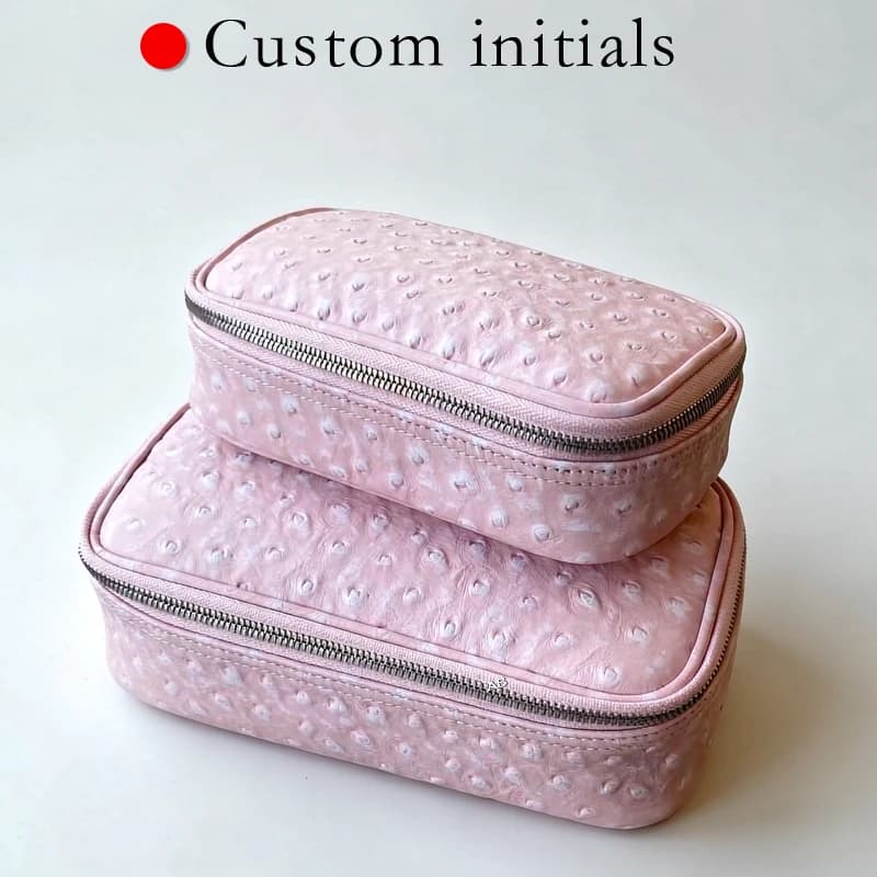 Customize Initials Leather Ostrich Pattern Travel Business Makeup Bags For Women Luxury Designer Handbags 2026 New In Organizer