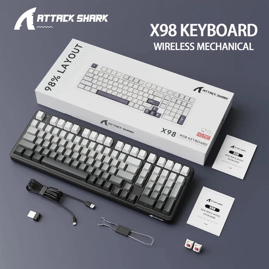 Attack Shark X98 Tastiera meccanica Wireless 102 tasti Copritasti PBT RGB hot-swap a grandezza naturale, batteria da 4000 mAh, supporto PC/laptop