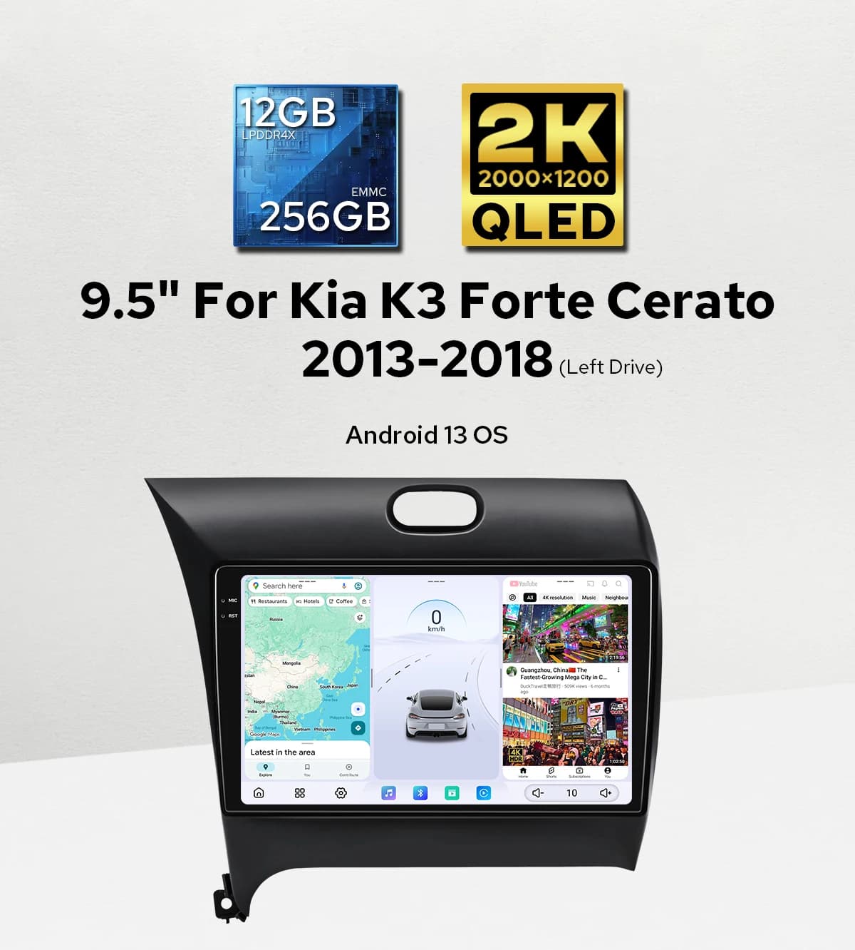 JOYING Lettore Multimediale per Auto Wireless con CarPlay e Android Auto, Schermo 9.5" per Kia K3 Forte Cerato 2013-2018 LHD, 12+256GB di Memoria, Stereo per Auto