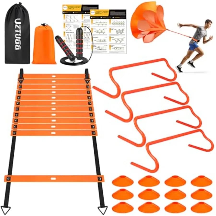 Attrezzatura per Allenamento Calcio, Equipaggiamento per Velocità e Agilità per Giovani e Adulti, Scala per Agilità 20ft, 4 Ostacoli, Corda per Saltare, 12 Coni