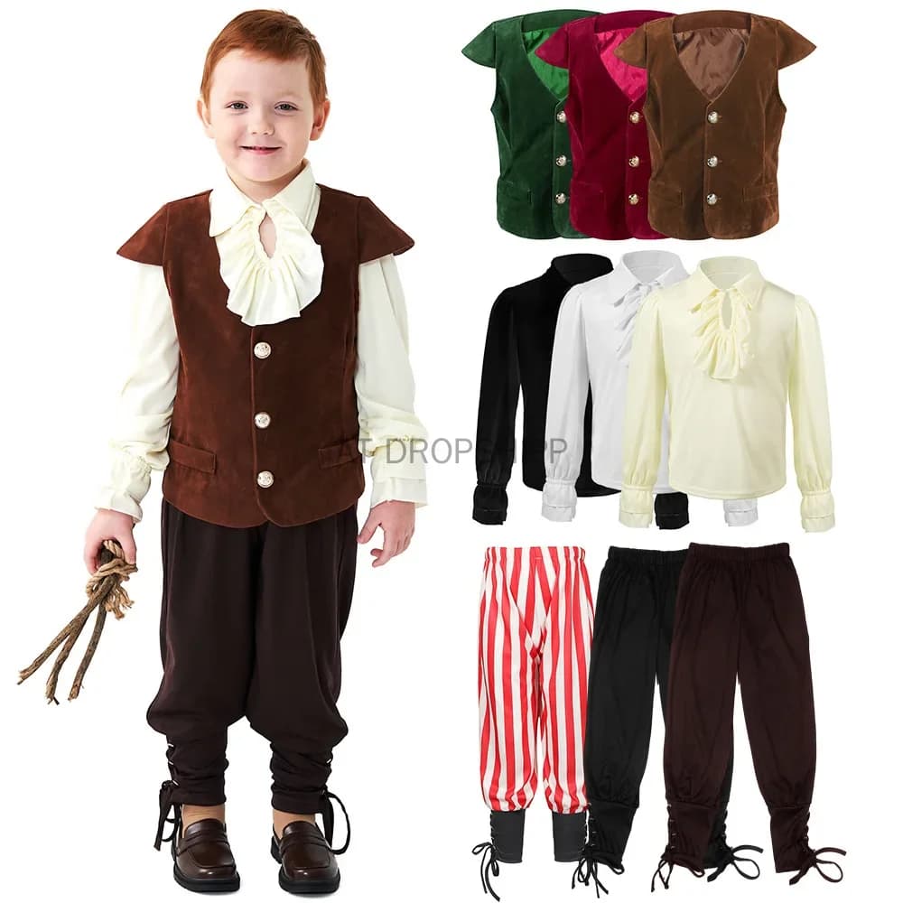 Set cosplay medievale per bambini Camicia rinascimentale per bambini Costume vittoriano di Halloween per ragazzi Pantaloni da pirata Costume da cavaliere Steampunk