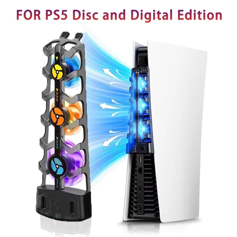 RGB Cooling Fan for PS5 Efficient Cooling System 3-Speed Quiet Cooler Fans for PS5 Console Accessories Disc and Digital Edition