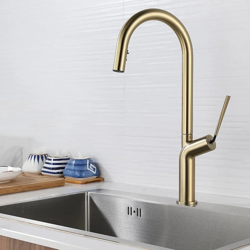Rubinetto per lavello da cucina estraibile in oro spazzolato/grigio Rubinetto per lavello con miscelatore per acqua calda e fredda con montaggio su piano in ottone