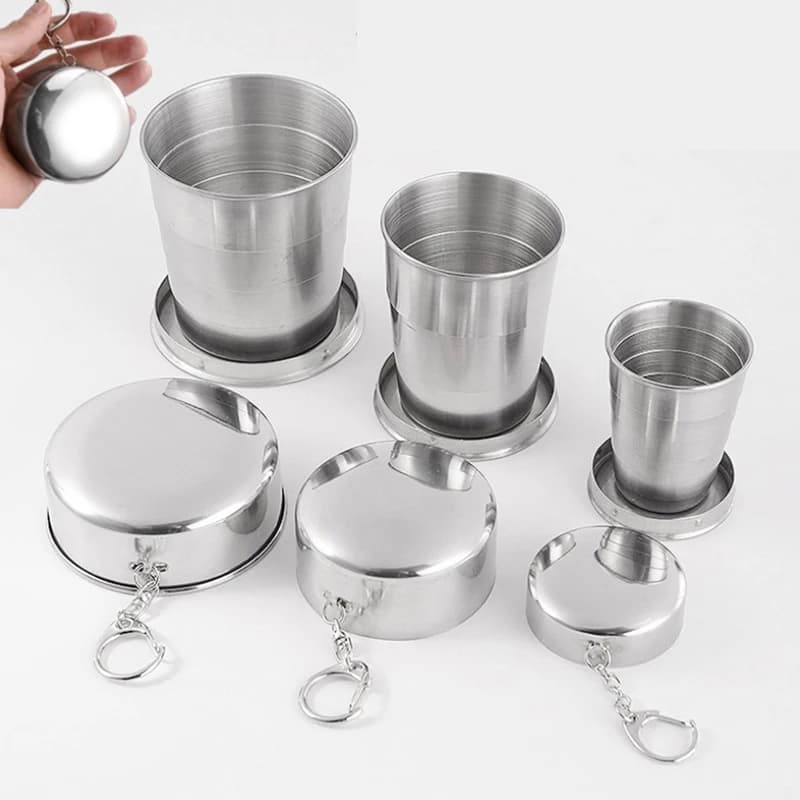 Tazze telescopiche retrattili portatili pieghevoli in acciaio inossidabile da 75 ml/150 ml/250 ml per attrezzi da campeggio da viaggio all'aperto con portachiavi