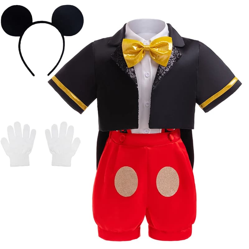 Camicia + Cappotto + Pantaloncini + Fascia per capelli + Guanti + Cravatta 6 pezzi Set Carnevale per bambini Pasqua Mouse Giochi di ruolo Abbigliamento Bambino Ragazzi Costume Cosplay