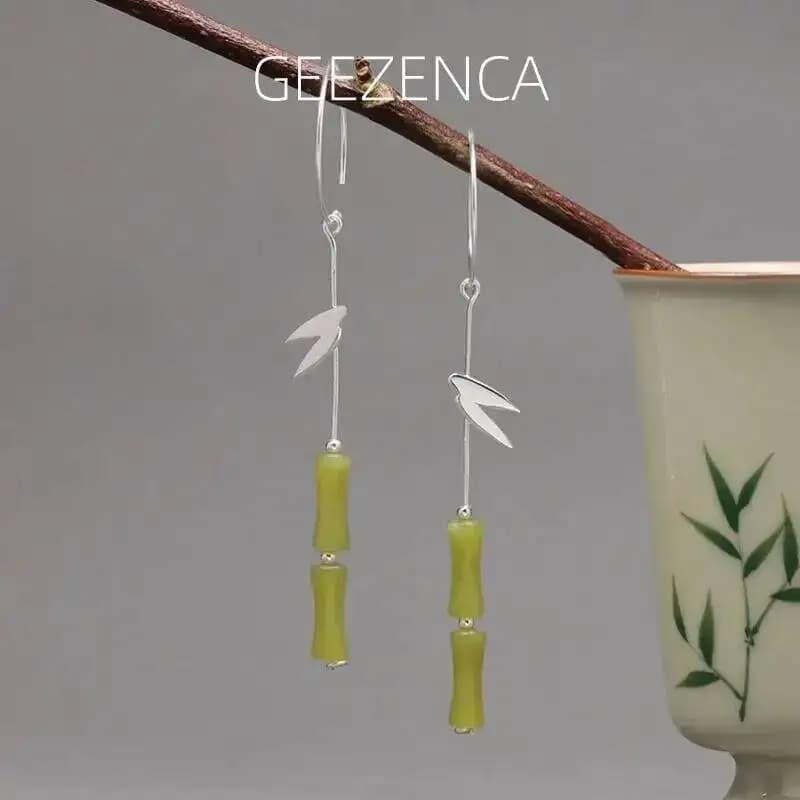 GEEZENCA Orecchini pendenti con ciondolo in bambù a cerchio in argento sterling 925 da donna, pietra verde, delicato orecchino di dichiarazione, festa, suo regalo