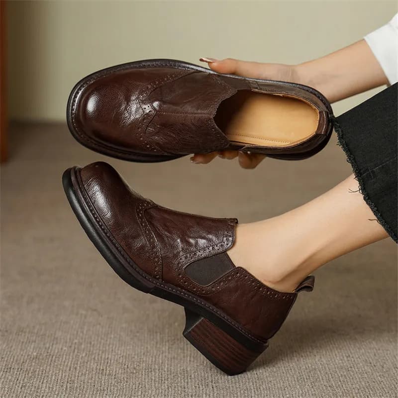 New Spring Autumn Genuine Leather Women Shoes Fashion Round Toe Shoes for Women Deep Mouth Chunky Heels Women Pumps Handmade