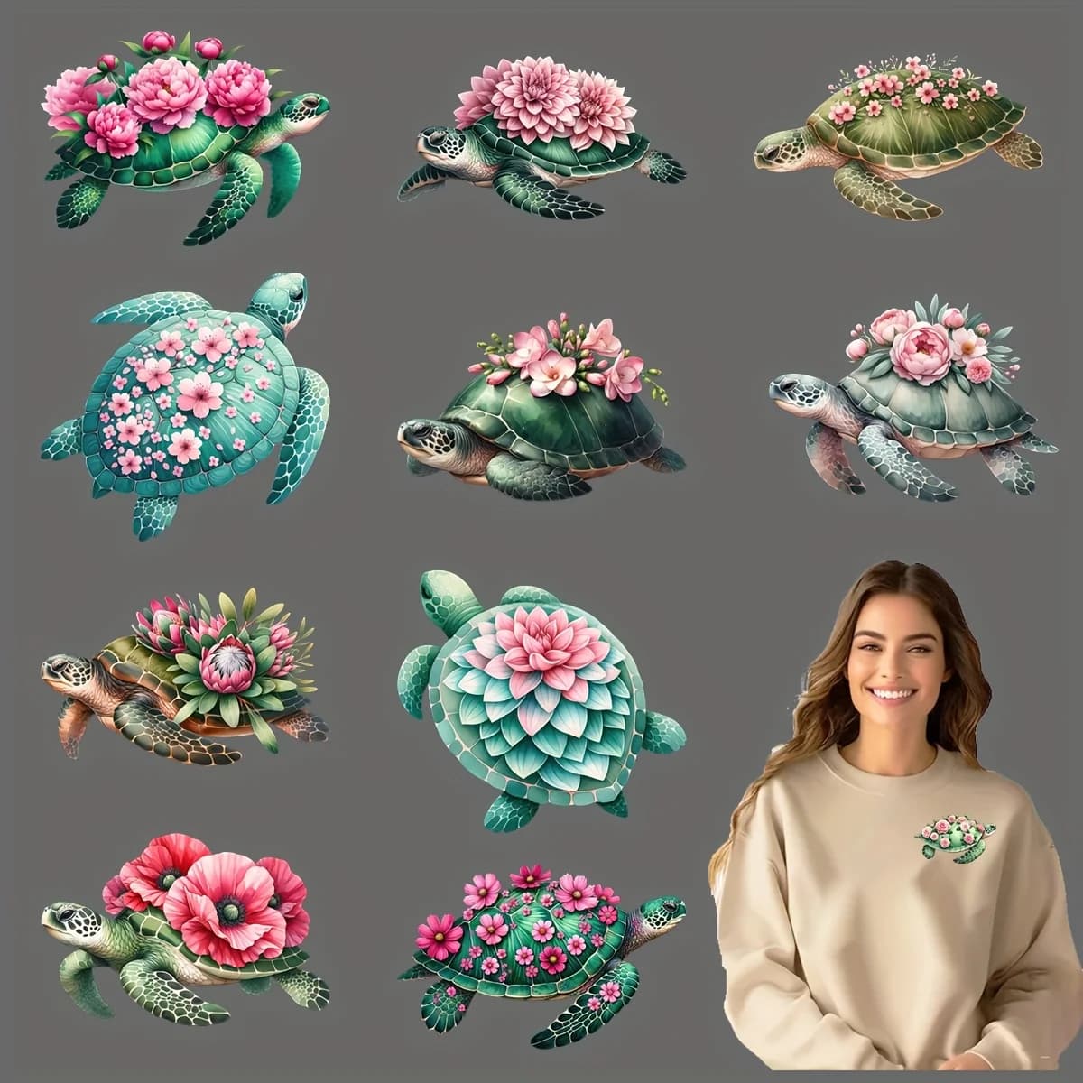12pcs turtle iron-on transfer stickers, DTF heat transfer stickers, washable and durable stickers, multi-color plastic material, for DIY T-shirts, masks, jeans, and backpacks