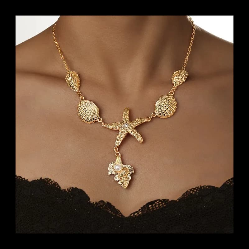 Alloy Star Necklace with Sea Star Pendant of Sea Stars Seashell Ocean Holiday Style, Fashionable and Versatile