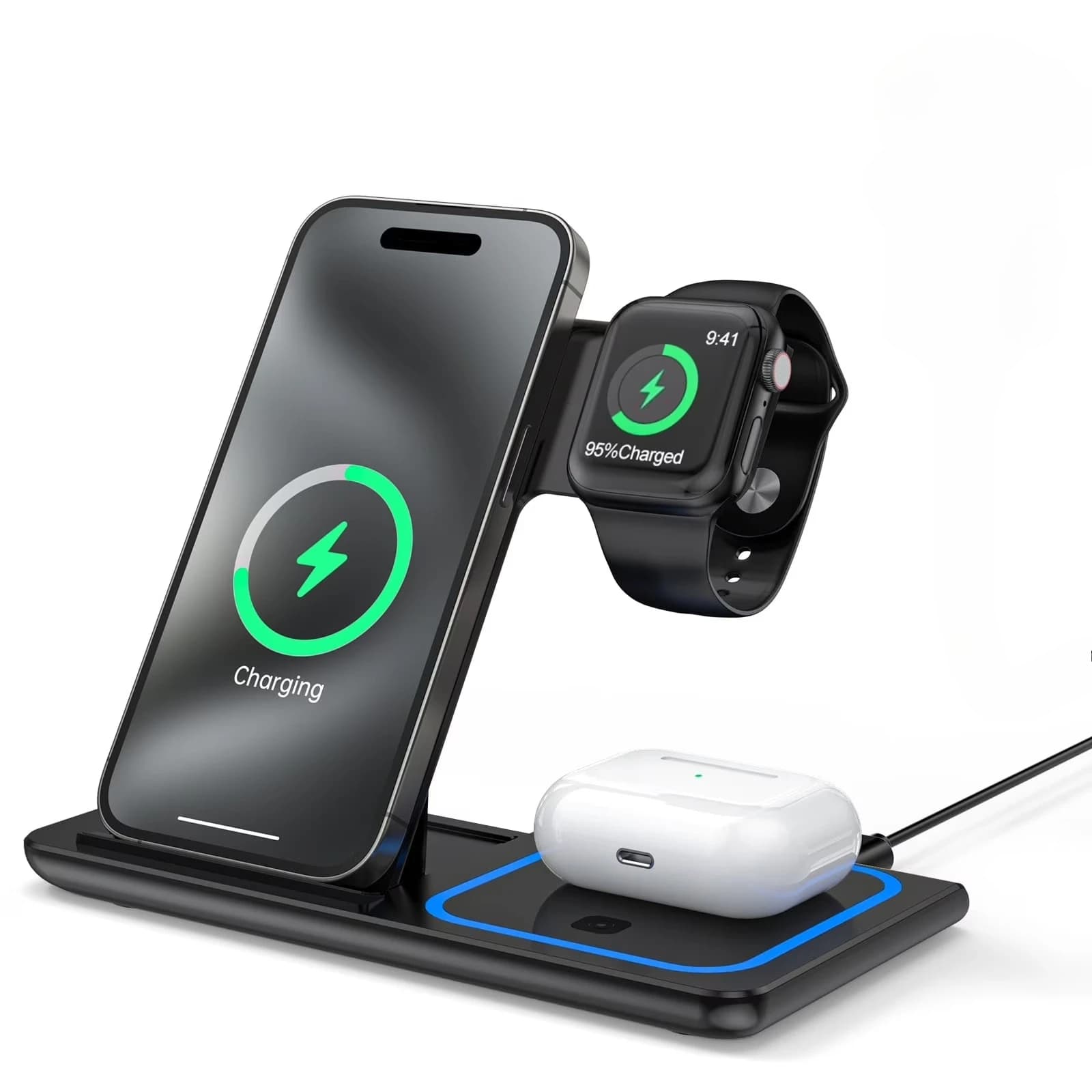 Stazione di Ricarica Wireless 3 in 1 per iPhone 17/16/15/14/13/12/11/Pro, Apple Watch Serie 11-3, AirPods Pro 4/3/2, Ricarica Rapida