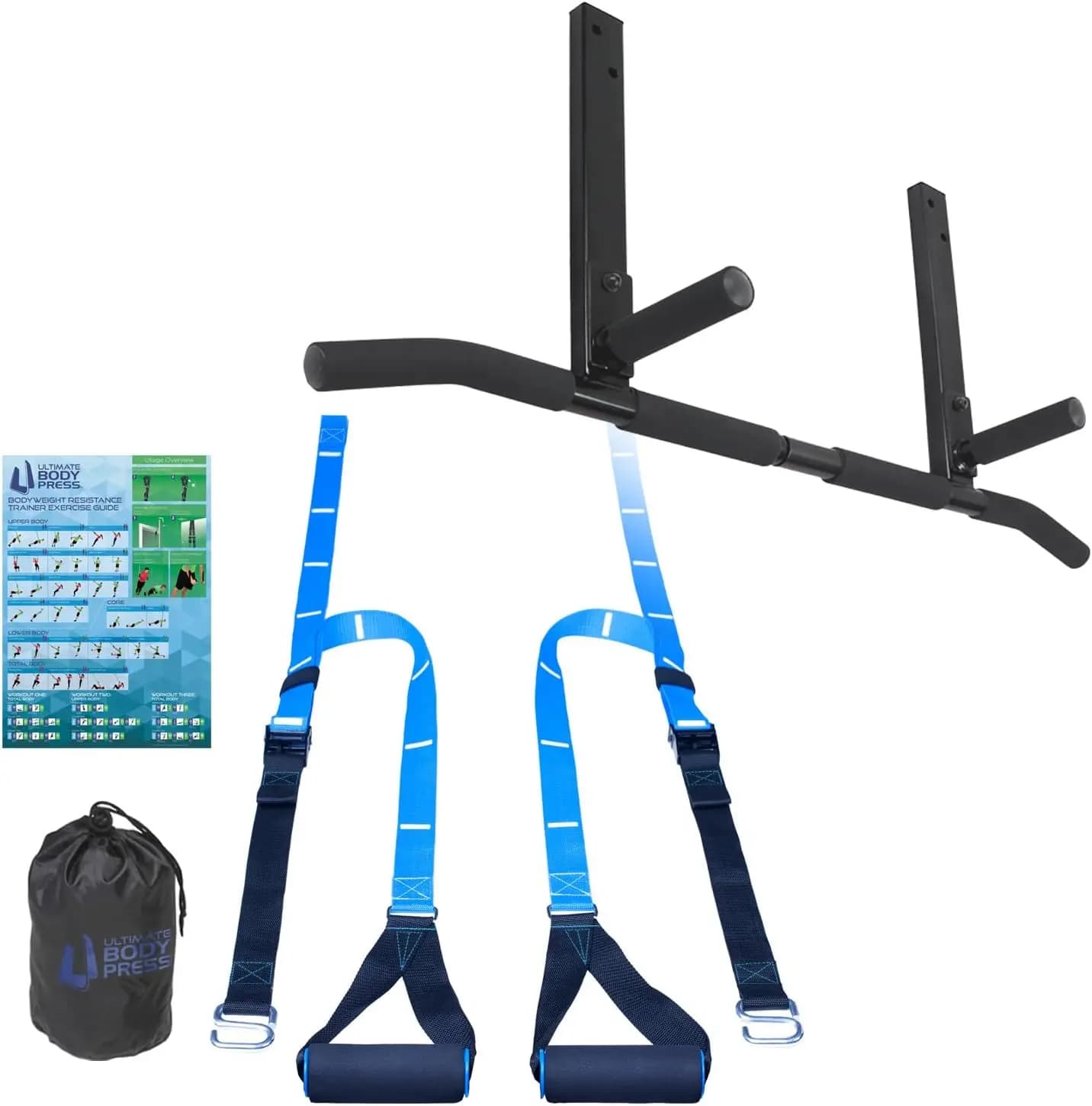 Heavy-duty traction bar to mount on beams with resistance trainer for full body workout at home