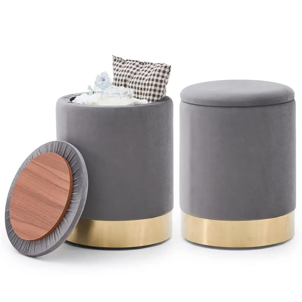 Set di 2 Pouf Ottoman, Poggiapiedi Imbottito con Supporto per 136 kg, Sgabello Moderno Imbottito con Tavolino, Sgabello da Toeletta con Vano Contenitore