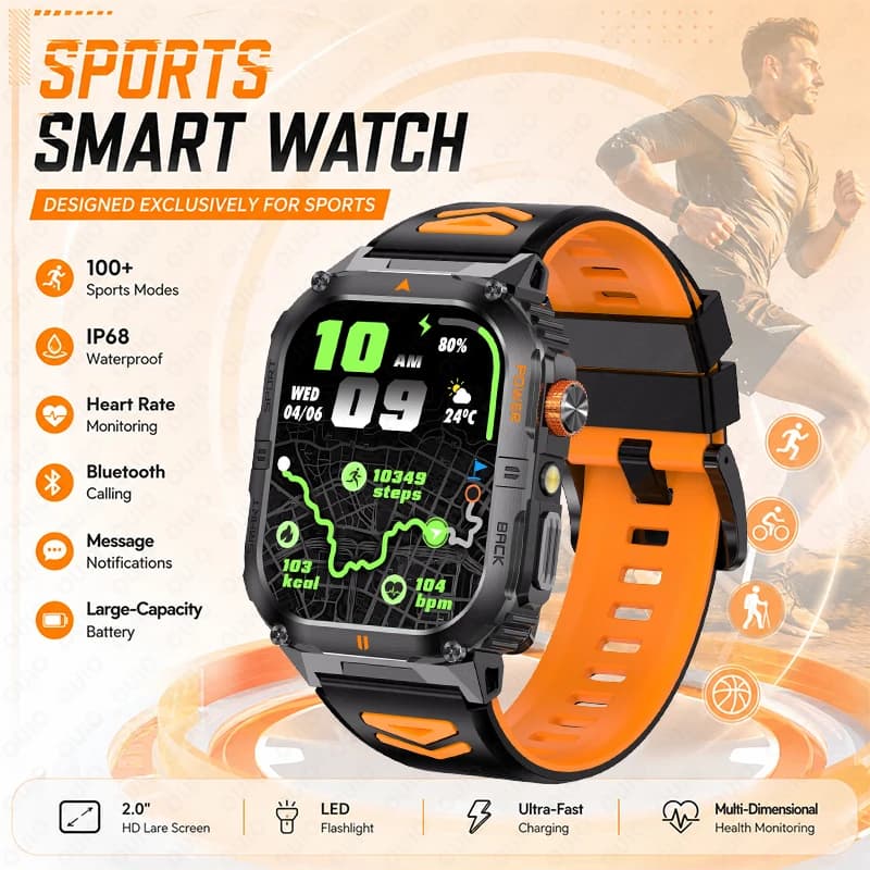 2026 New Sports Smart Watch 100+ Sports Mode IP68 Waterproof Bluetooth Call Message Notification Health Monitoring Smart Watch