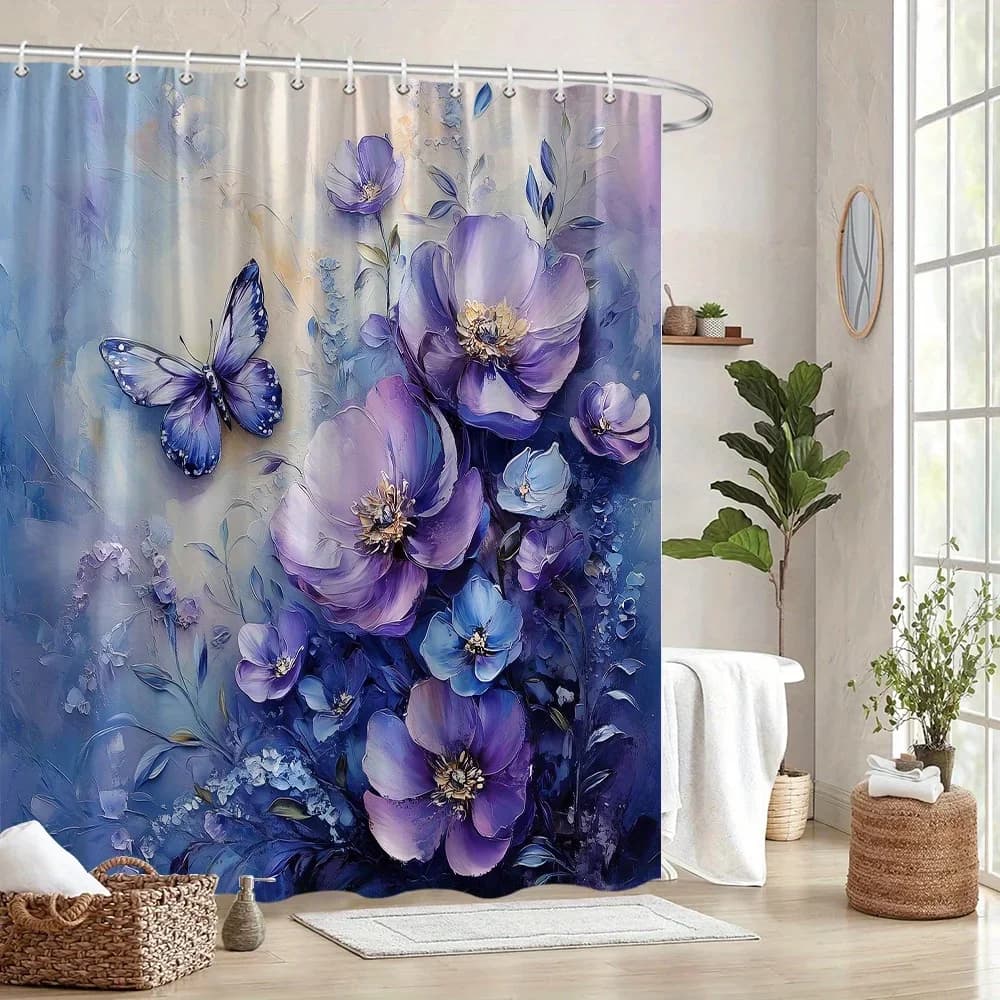 Tenda da doccia con farfalla bouquet floreale blu viola, pittura digitale da sogno, fiori e farfalla strutturati, sfondo morbido sfumato