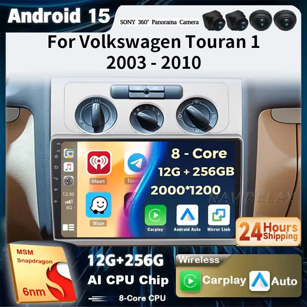 Android 15 Car Radio For Volkswagen Touran 1 2003 - 2010 Carplay Navi Auto GPS 5G Multimedia Auto Stereo BT IPS Screen DSP BT DV