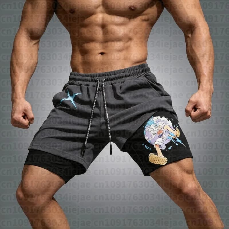 Pantaloncini 2-in-1 Unisex 2026 Anime Luffy Stampati a Doppio Strato, Nuovo Stile Estivo, per Nuoto e Fitness, Asciugatura Rapida e Traspiranti