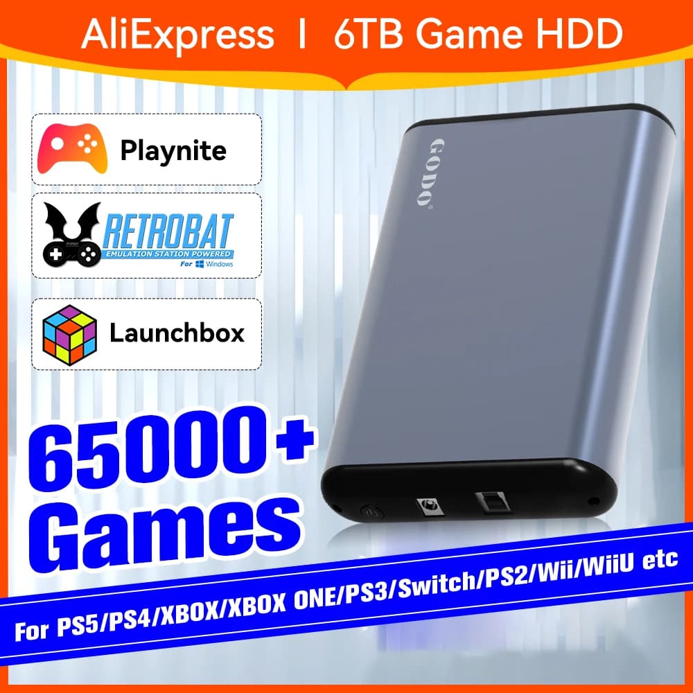 HDD esterno portatile 6T Hyper Base Mix Launchbox, Playnite e Retrobat con oltre 65000 giochi per PS5/PS4/XBOX/PS3/PS2/Switch/Wii/SS
