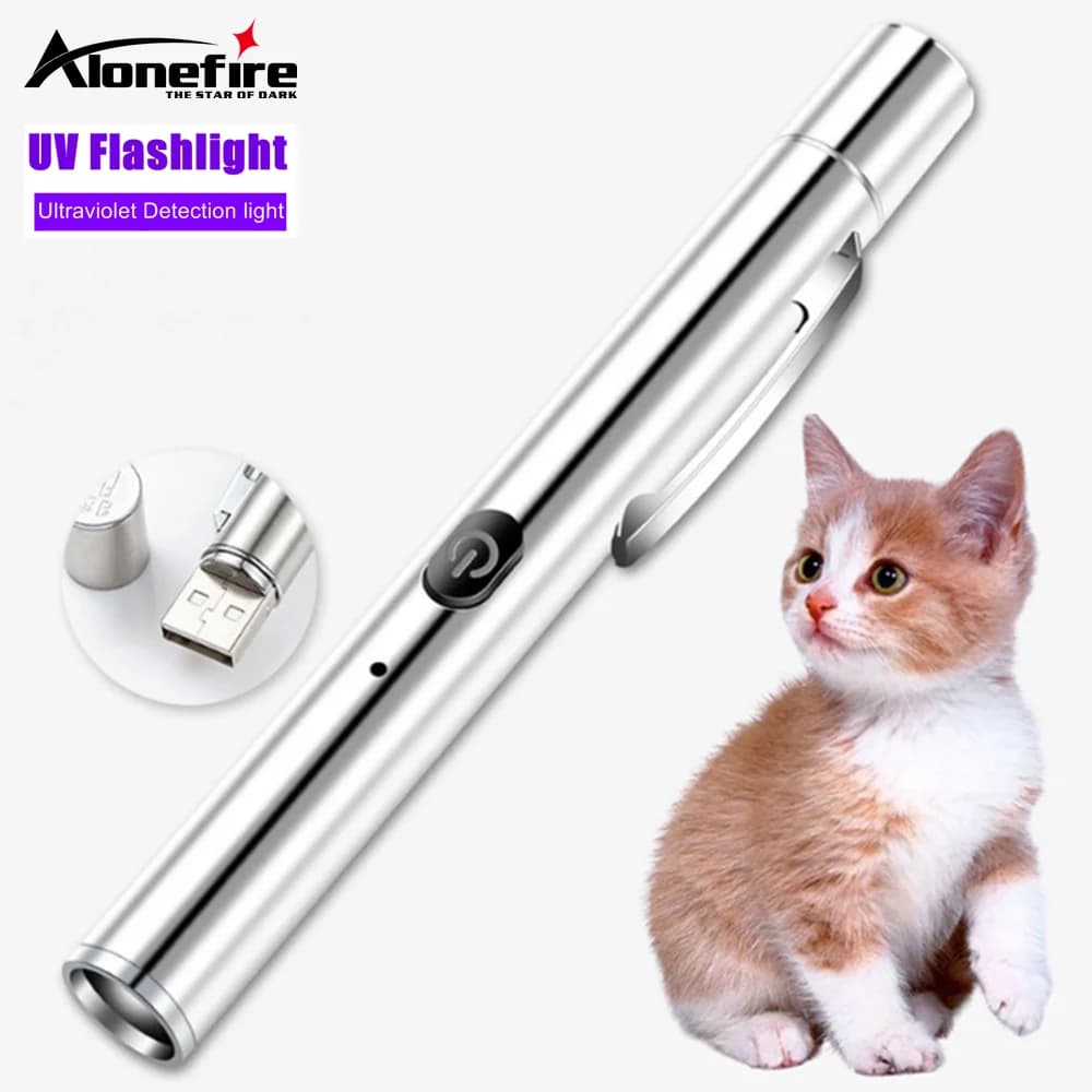 365nm UV Luce nera Penna Torcia USB Ricarica Minerale di denaro Cibo modelloso Macchie di animali Cat Tinea Perdite Indicatore di inchiostro invisibile Checker