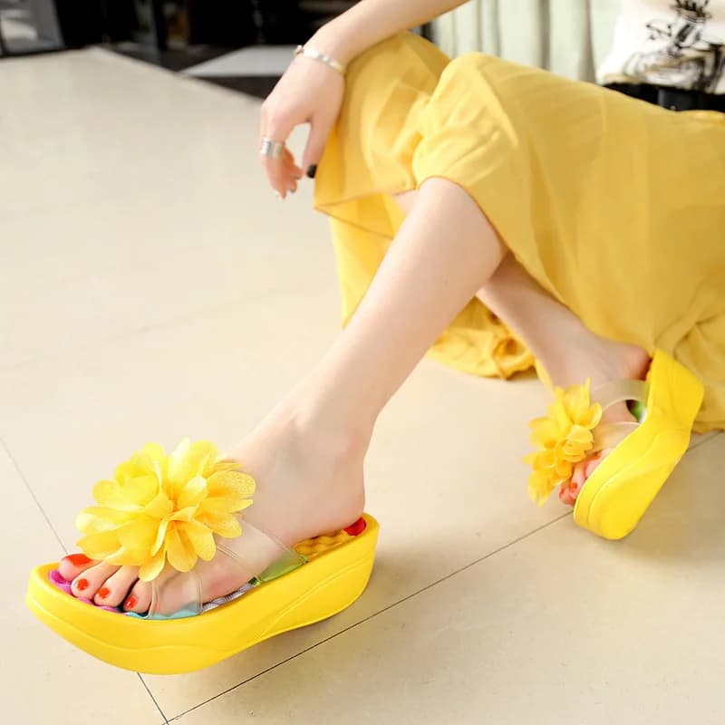 Sandali Estivi con Tacco Alto da Donna, Ciabatte da Spiaggia con Suola Spessa, Scarpe con Fiori per Interni ed Esterni, Pantofole Comode per Casa