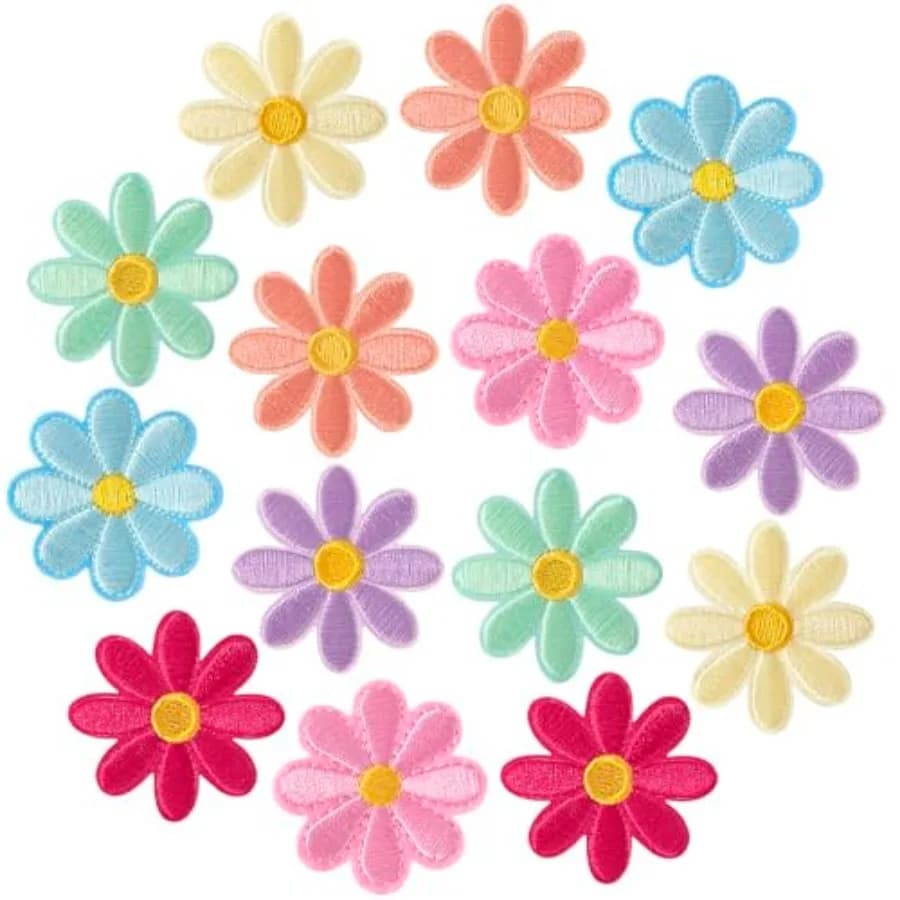 14 Pcs Flower Iron on Patches, Cute Daisy Flower Applique Patch, Sew On Embroidered Applique Sewing Patches for Bags, Jackets,