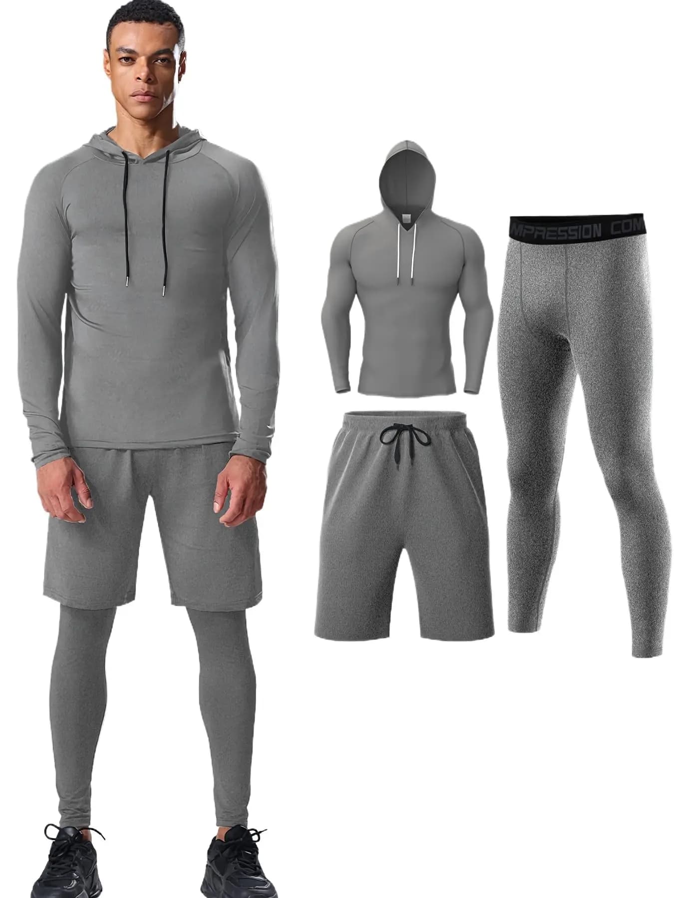 Men's 3-Piece Sportswear Set Hooded Jacket, Long Pants & Basketball Shorts for Running, Gym, Cycling