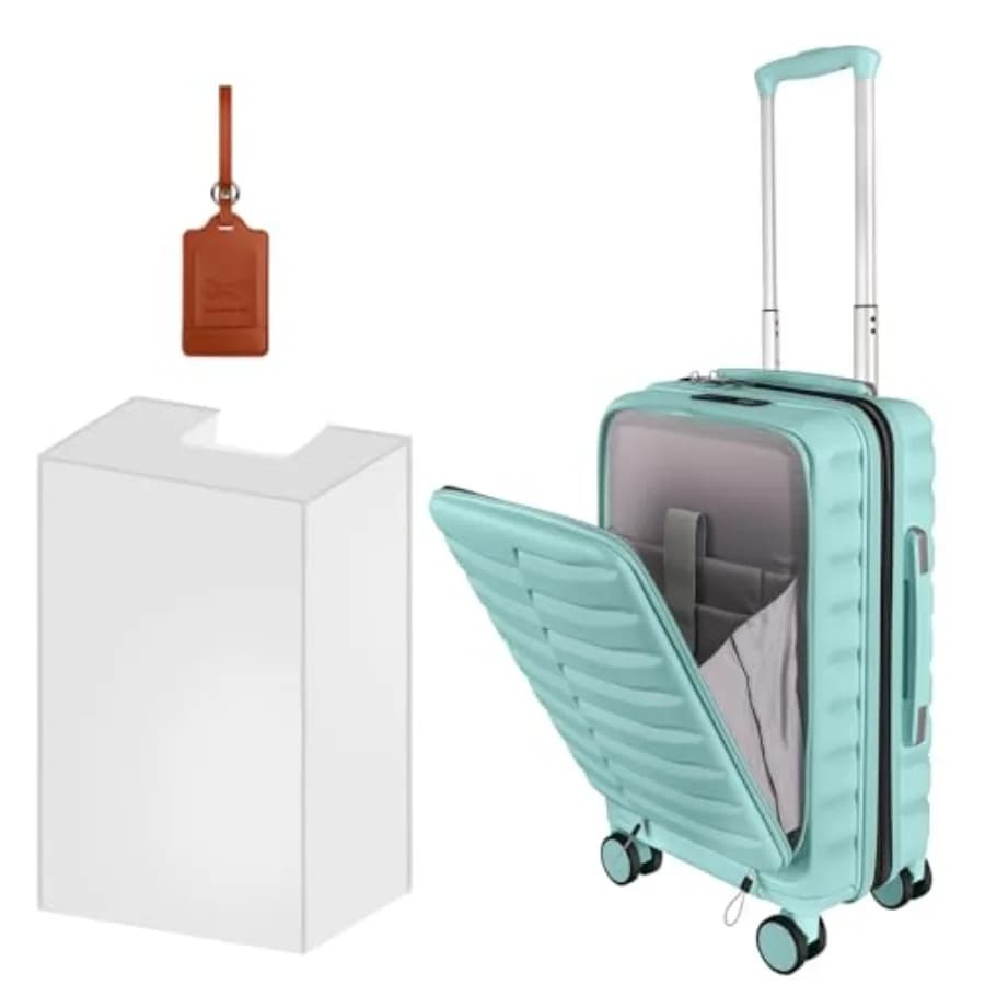 Valigia da cabina verde menta 22×14×9 approvata per il trasporto aereo con tasca frontale apribile, ruote girevoli espandibili, guscio rigido in ABS+PC, piccola 20