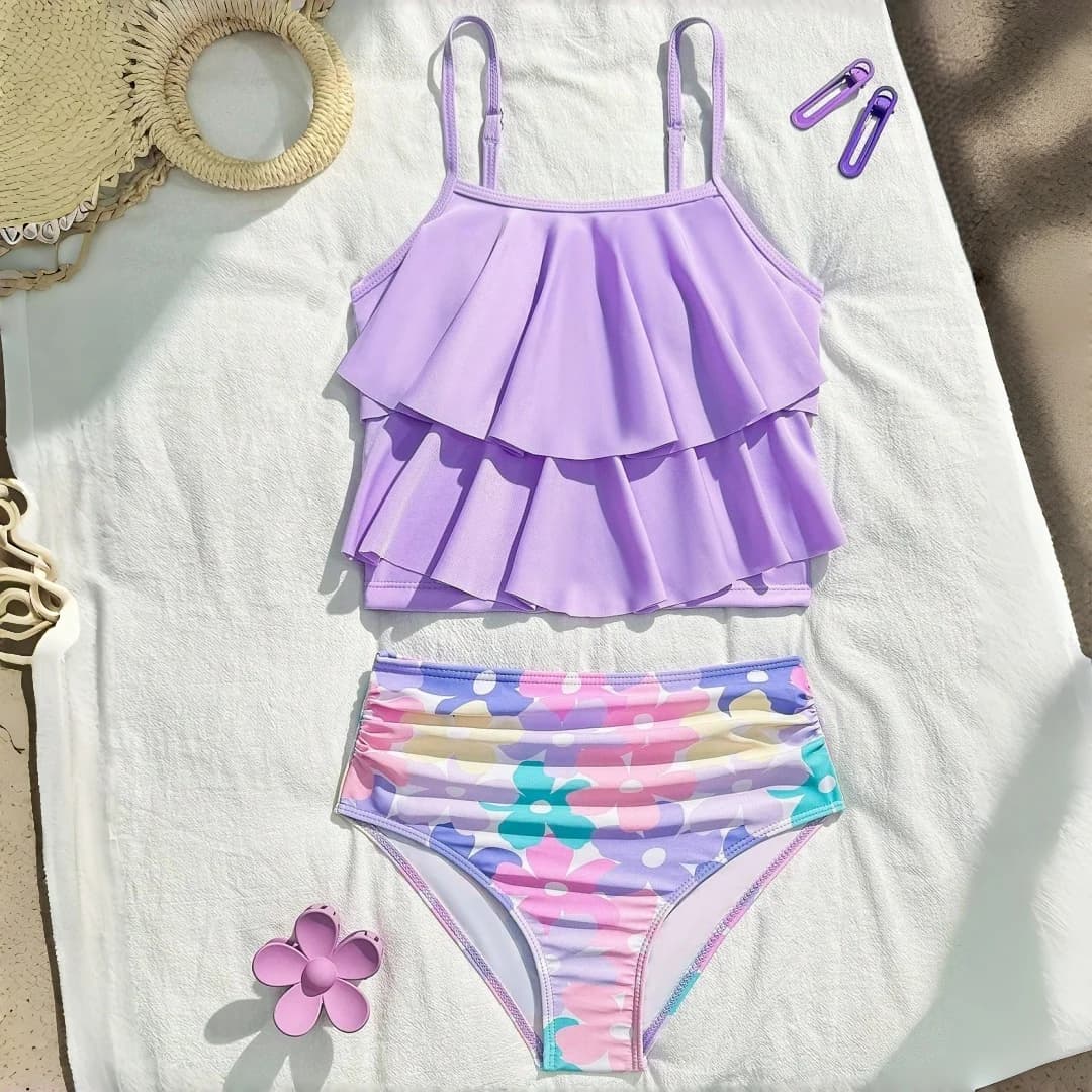 Nuovo Costume da Bagno Estivo per Ragazze, Set Due Pezzi Stile Sirena, Bikini per Adolescenti, Completo Tankini da Spiaggia