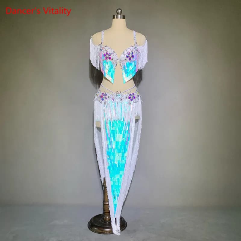 Abito da competizione per danza del ventre per ragazze porta abito con paillettes abito da ballo per bambino adulto shaabi reggiseno e gonna con frange 2 pezzi su misura