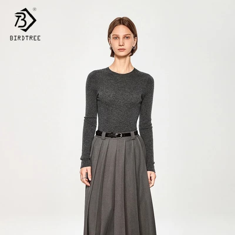 Birdtree Maglieria con fondo in lana di pecora al 100%, maglione da donna a maniche lunghe con scollo a O senza cuciture a 16 aghi, pullover autunnale 2025 T59005JF