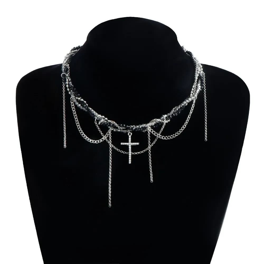 Nuova Collana con Ciondolo a Croce Nera, Catena Multistrato Regolabile, Collana Choker Y2K, Gioielli