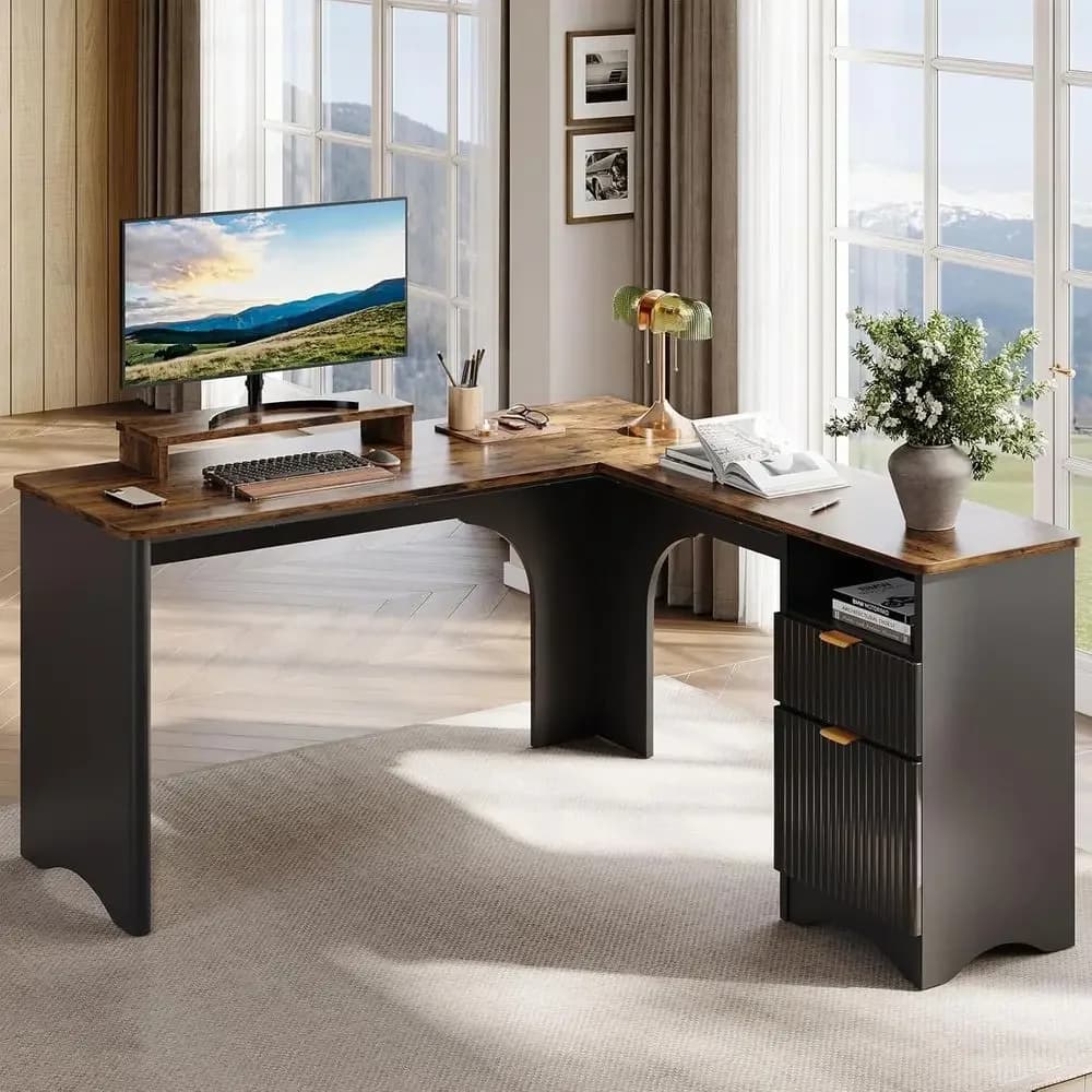 Scrivania per computer a forma di L, 55,7 x 55, con supporto per monitor e angoli arrotondati per l'home office, nero e marrone rustico