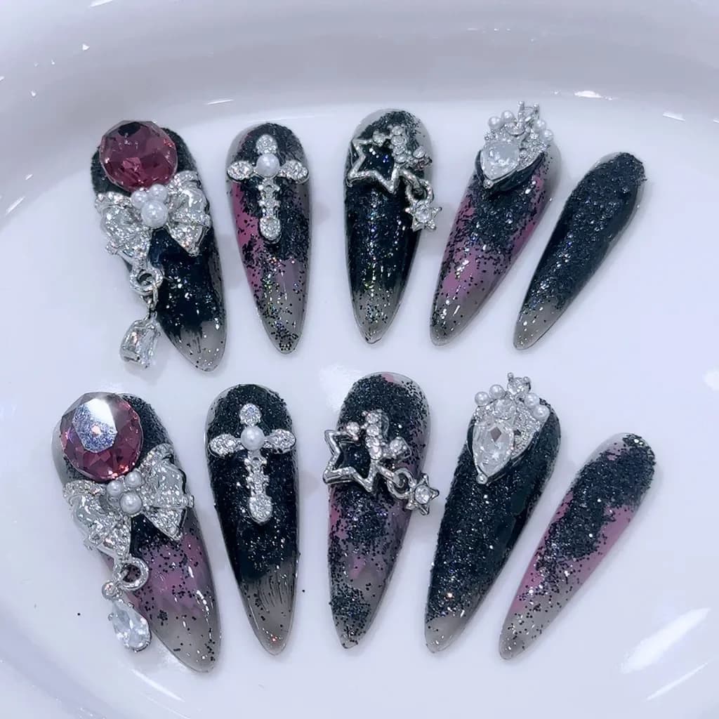 Nicchia di lusso fatta a mano stampa sulle unghie Oblivion Dark Spice Girls unghie finte fiocco stella croce diamante viola punta lunga nail art