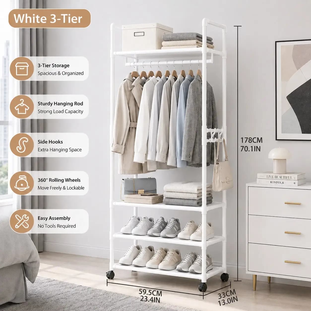 Rolling Clothes Rack With Wheels White 3 Tier Garment Rack With Shelves Hanging Rod Side Hooks Metal Portable Clothes Stand Shoe Rack Organizer For Bedroom Entryway Laundry Room Gift