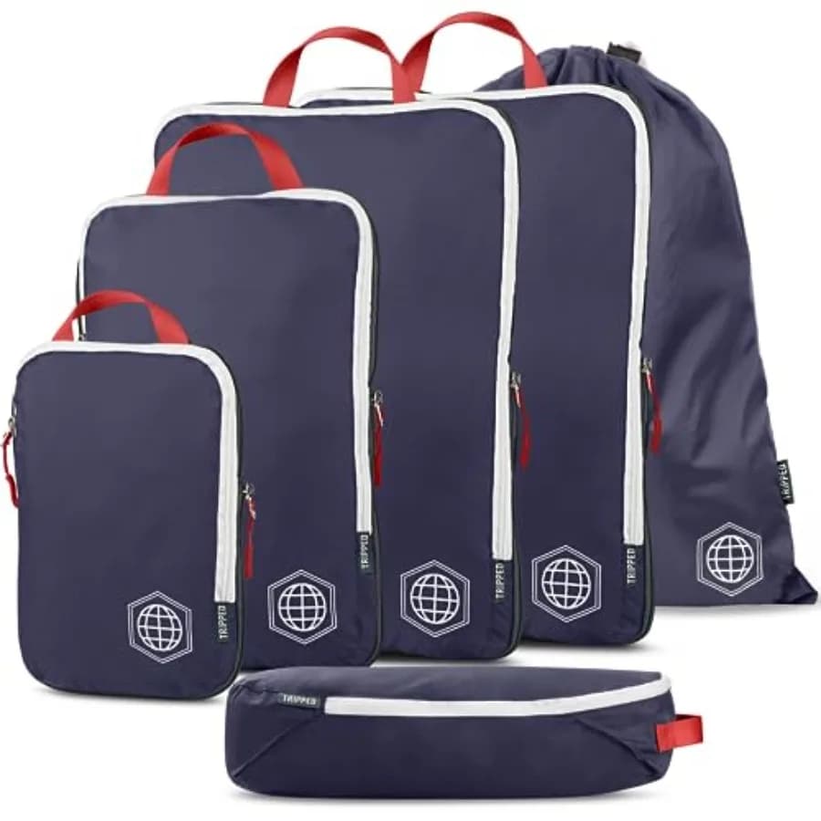 Set di 6 Cubi di Compressione Extra Large per Viaggi e Bagagli, Blu Navy con Cinghie di Fissaggio e Leggeri
