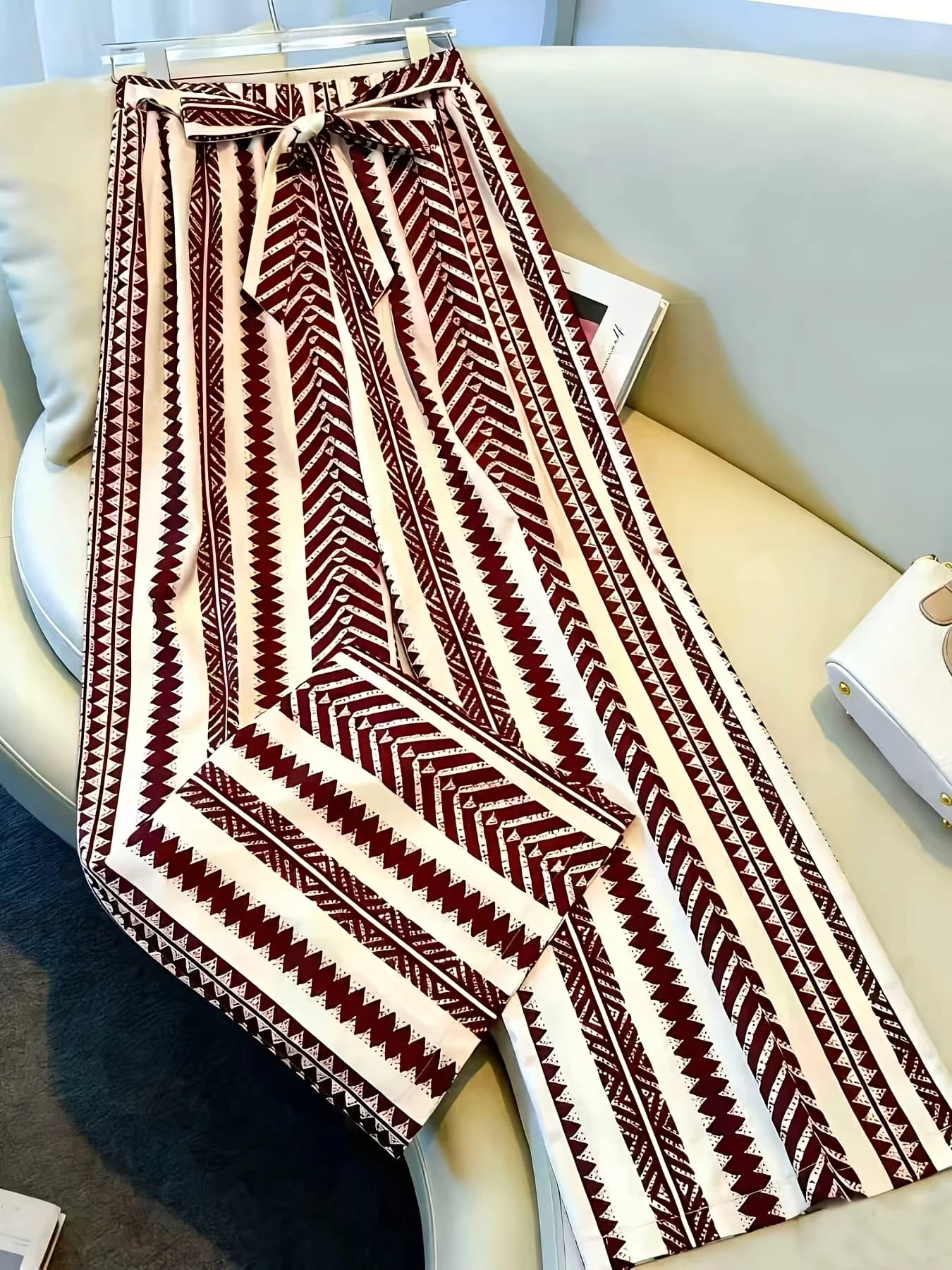 Burgundy Geometric Arrow Tie-Waist Wide Leg Pants, Ethnic Style, Drapy Casual Trousers