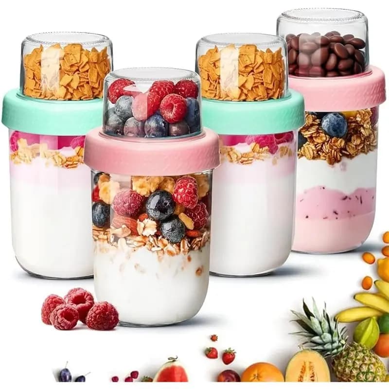 A01F-Vasetti per yogurt a doppio strato per la separazione di cibi secchi e umidi, contenitore in vetro da 4 pezzi per Overnight Oats, barattolo per Overnight Oats con coperchi 480+ 120 ml