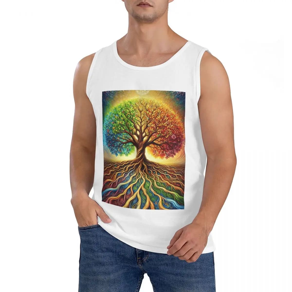T-shirt senza maniche da uomo in cotone 100% con albero della vita, stile vichingo Yggdrasil norreno, abbigliamento sportivo da allenamento, gilet girocollo da uomo