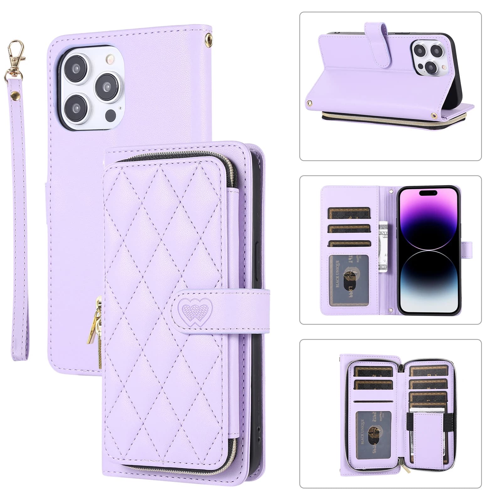 Custodia in pelle con tasca a tracolla per IPhone 17 14 15 16 Pro Max 13 12 11 XR XS X 8 7 SE 2022 Custodia per carte con cordino con cerniera