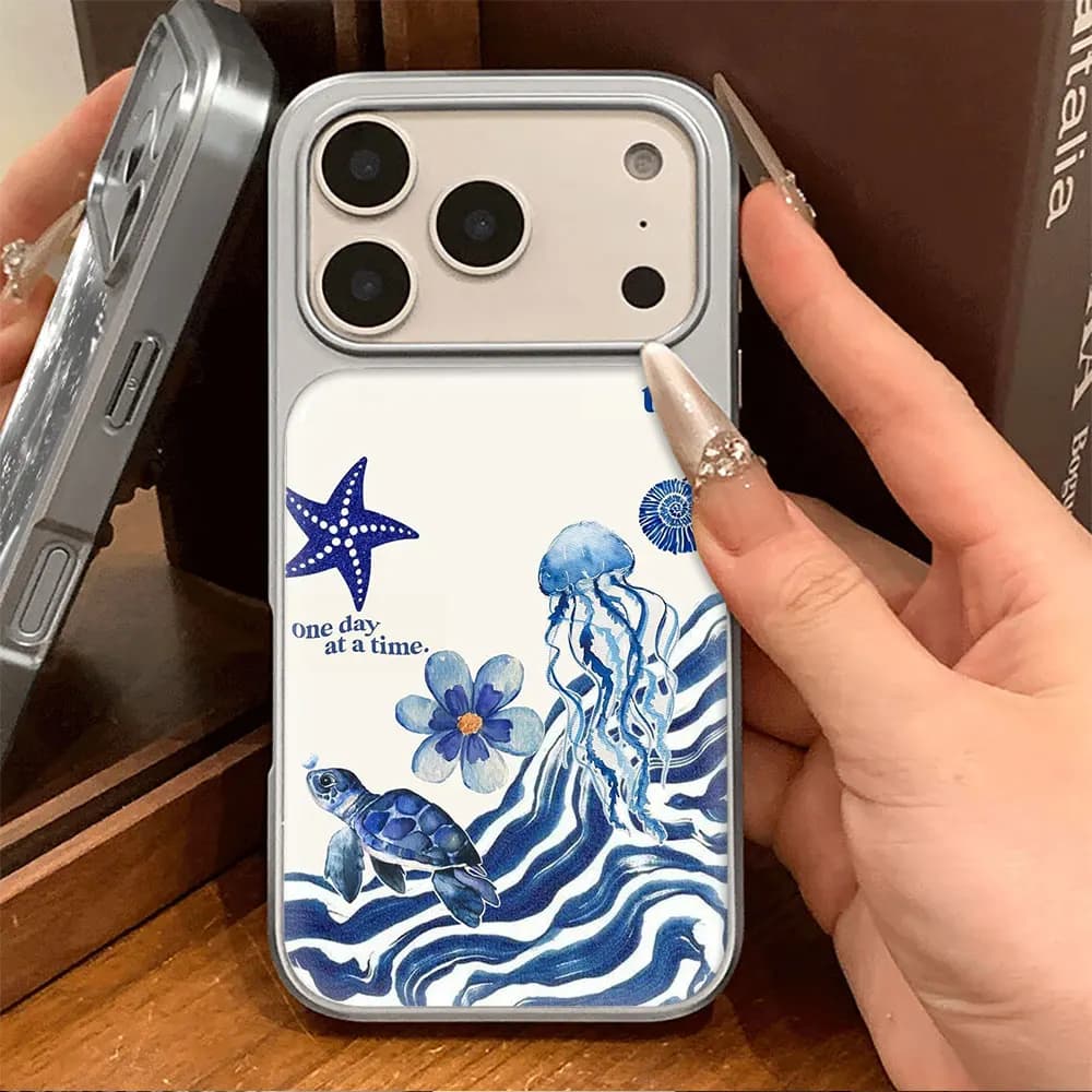 Ocean Cartoon Pattern Electroplated Drop Glue 3D Phone Case For iPhone 17 Air 16 15 14 13 12 11 17 Pro Max 16 15 14 13 Pro Coque