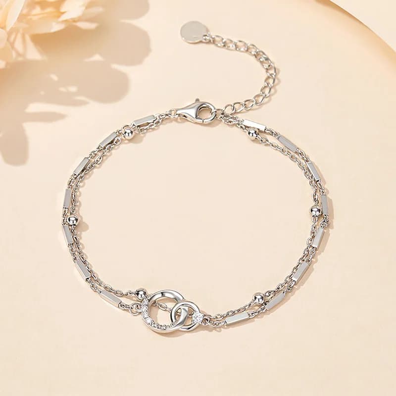 Bracciale in Argento 925 con Anelli Collegati a Cerchio, Doppio Strato, Quadrati Geometrici, Elegante per Donna e Ragazza, Gioiello Regalo, Dropshipping e Vendita all'Ingrosso